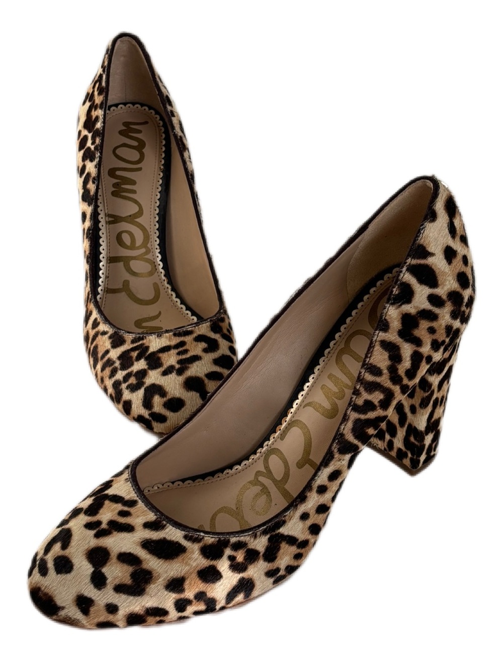 Sam Edelman Leopard Print Genuine Calf Hair Round Toe Block Heels Pumps 7.5